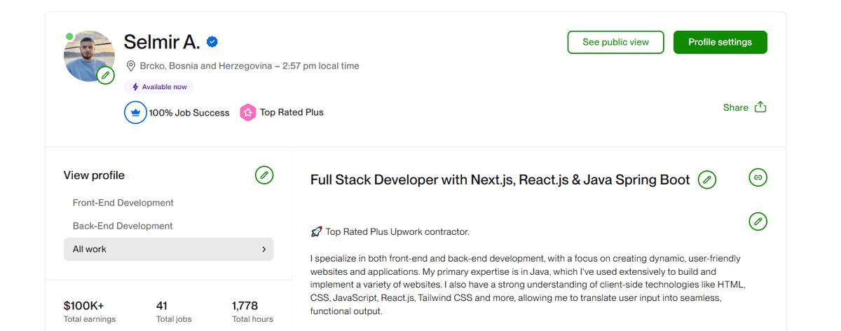 Upwork Profile - 100% Job Success Rate and Top Rated Plus